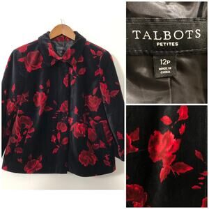 Talbots Floral Velvet Jacket Black Red Rose 12P Dark Romantic Gothic Blazer